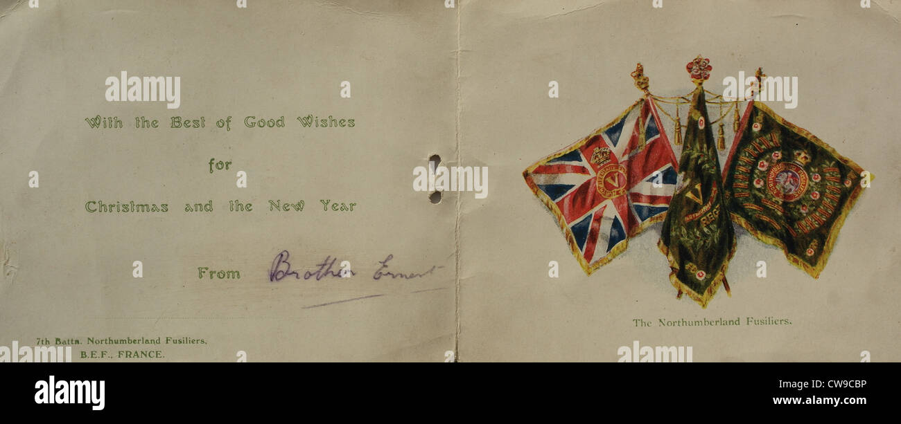 1. Weltkrieg einfache Grusskarte Weihnachten, tragen die Flaggen der Northumberland Fusiliers, die Gräben bei Ypern, 1915 Stockfoto