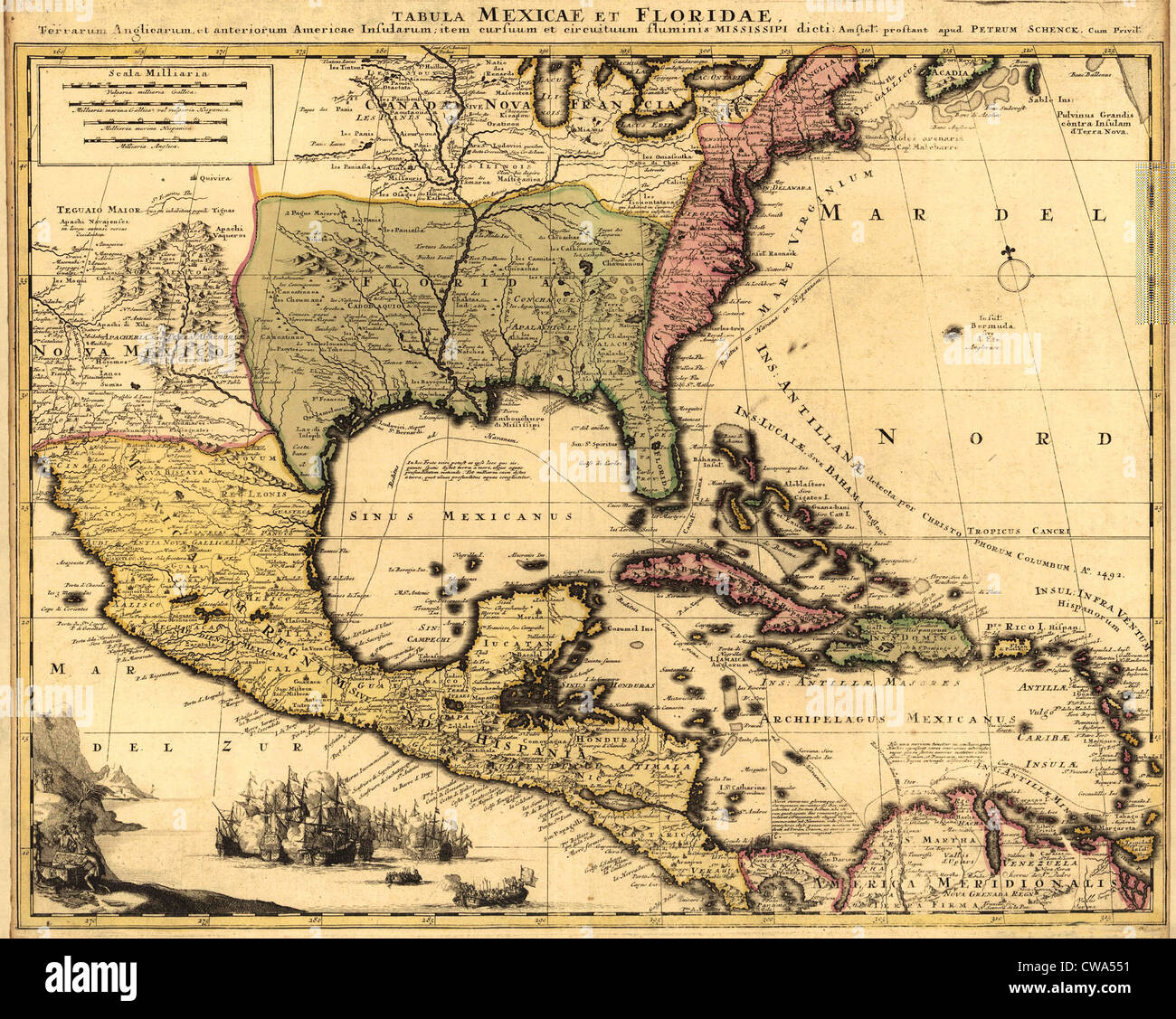 1710 niederländische Karte von Nordamerika und der Karibik, mit großen politischen Spaltungen und Detail der Städte und Siedlungen. Stockfoto
