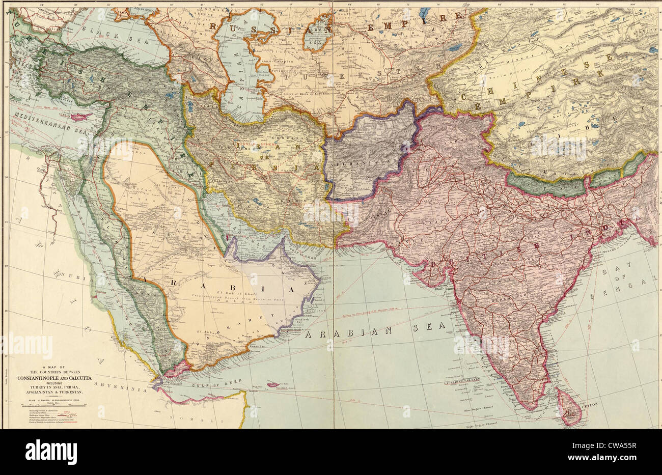 1912 englische Karte der Länder zwischen Konstantinopel und Calcutta: Aufnahme der Türkei in Asien, Persien, Afghanistan und Stockfoto