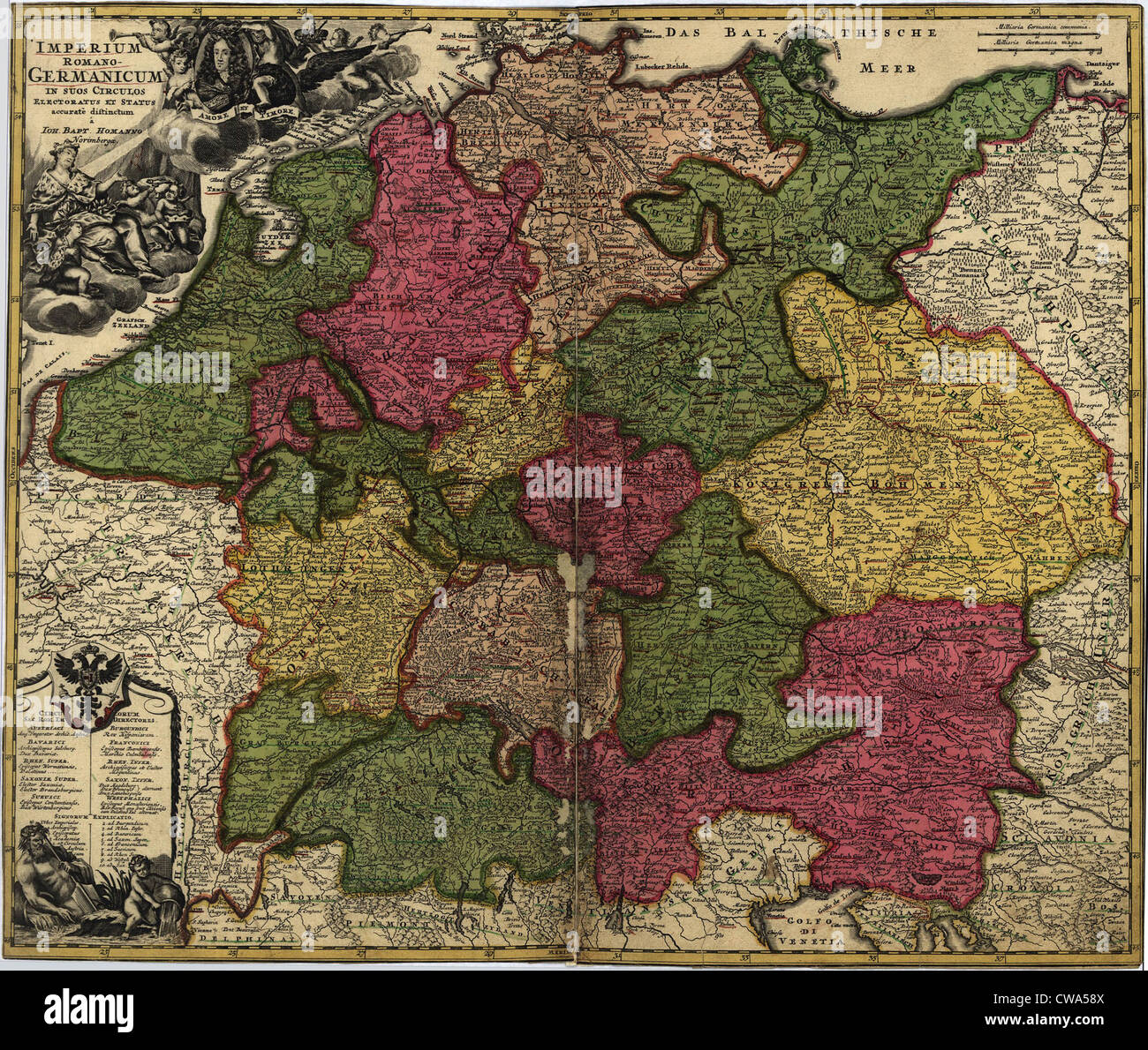 Karte von Altdeutschland, dann das Heilige Römische Reich, aus dem frühen 18. Jahrhundert. Stockfoto