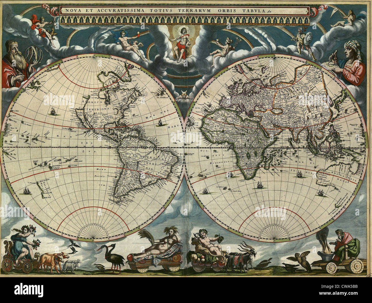 1664 niederländischen Weltkarte ist reich verziert und zeigt deutlich die östlichen und westlichen Hemisphären. Polarregionen sind nicht definiert, Stockfoto