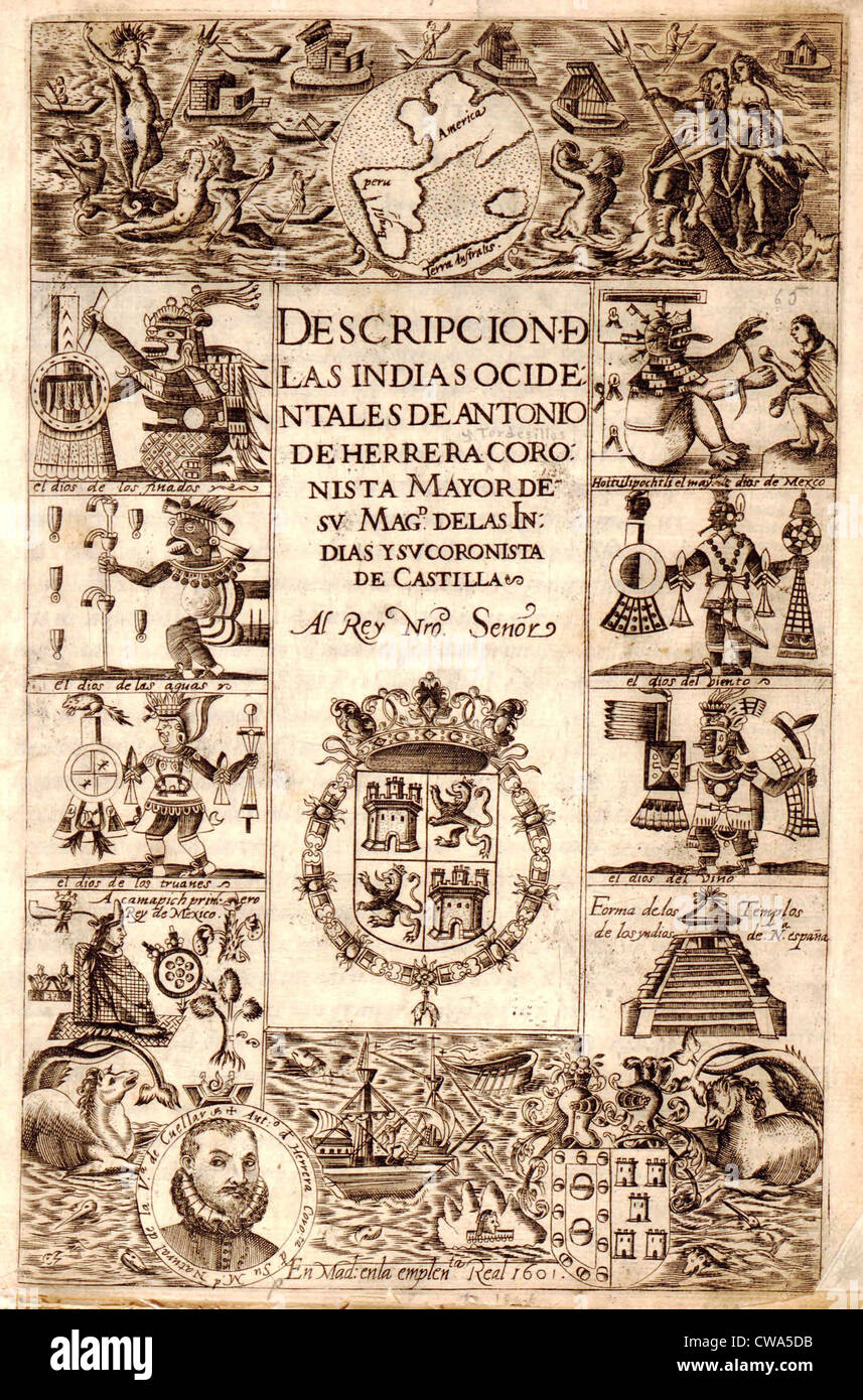 Deckblatt der 1610 Buch über die Eingeborenen von Neu-Spanien mit den Porträts der Inka Führer, prominenter Spanier, native Gebäude, Stockfoto