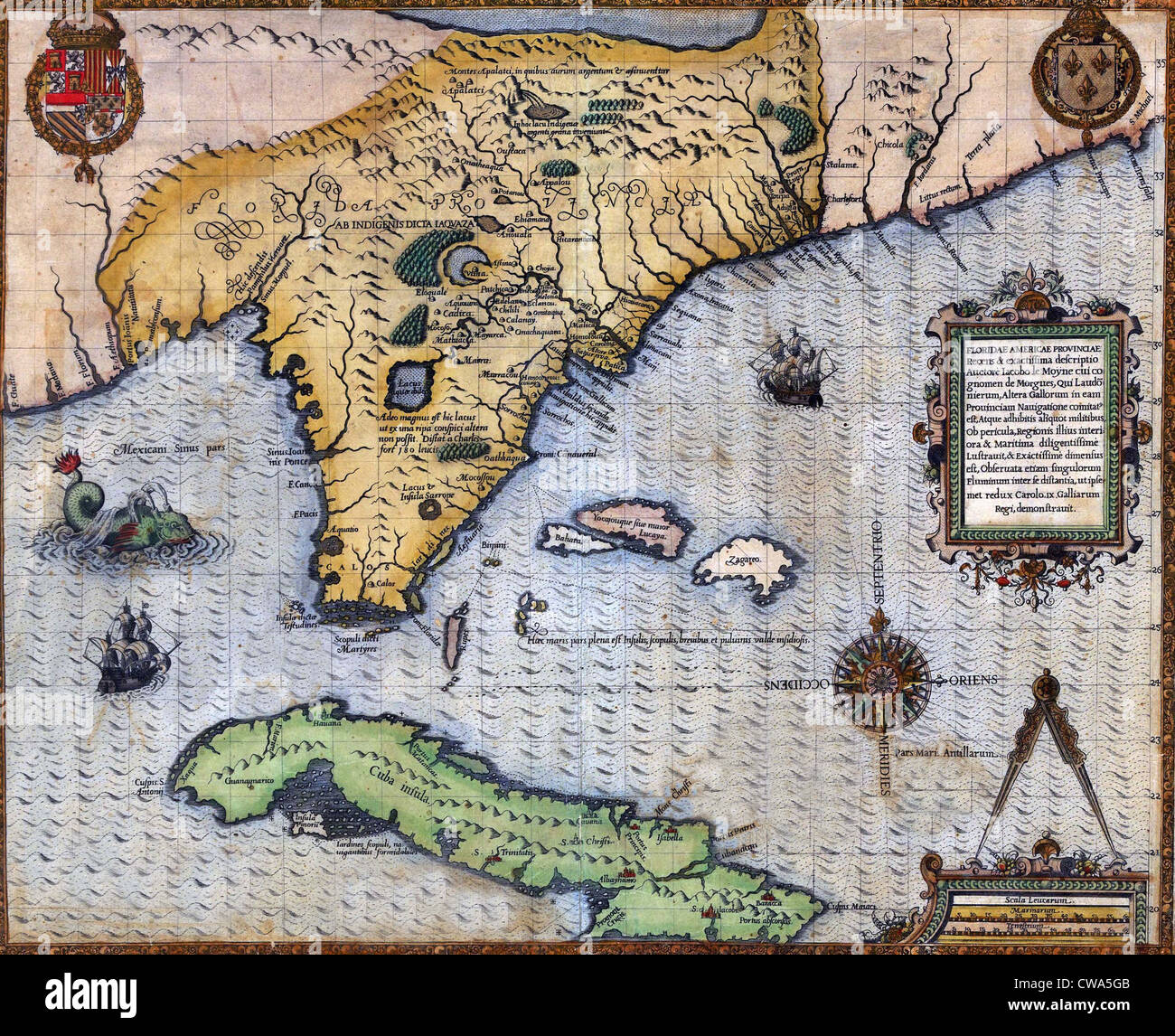 1591, Exploration Ära Karte von Florida und Kuba durch Franzosen Jacques Le Moyne. Die Karte enthält viele gebürtige amerikanische und Europäische Stockfoto