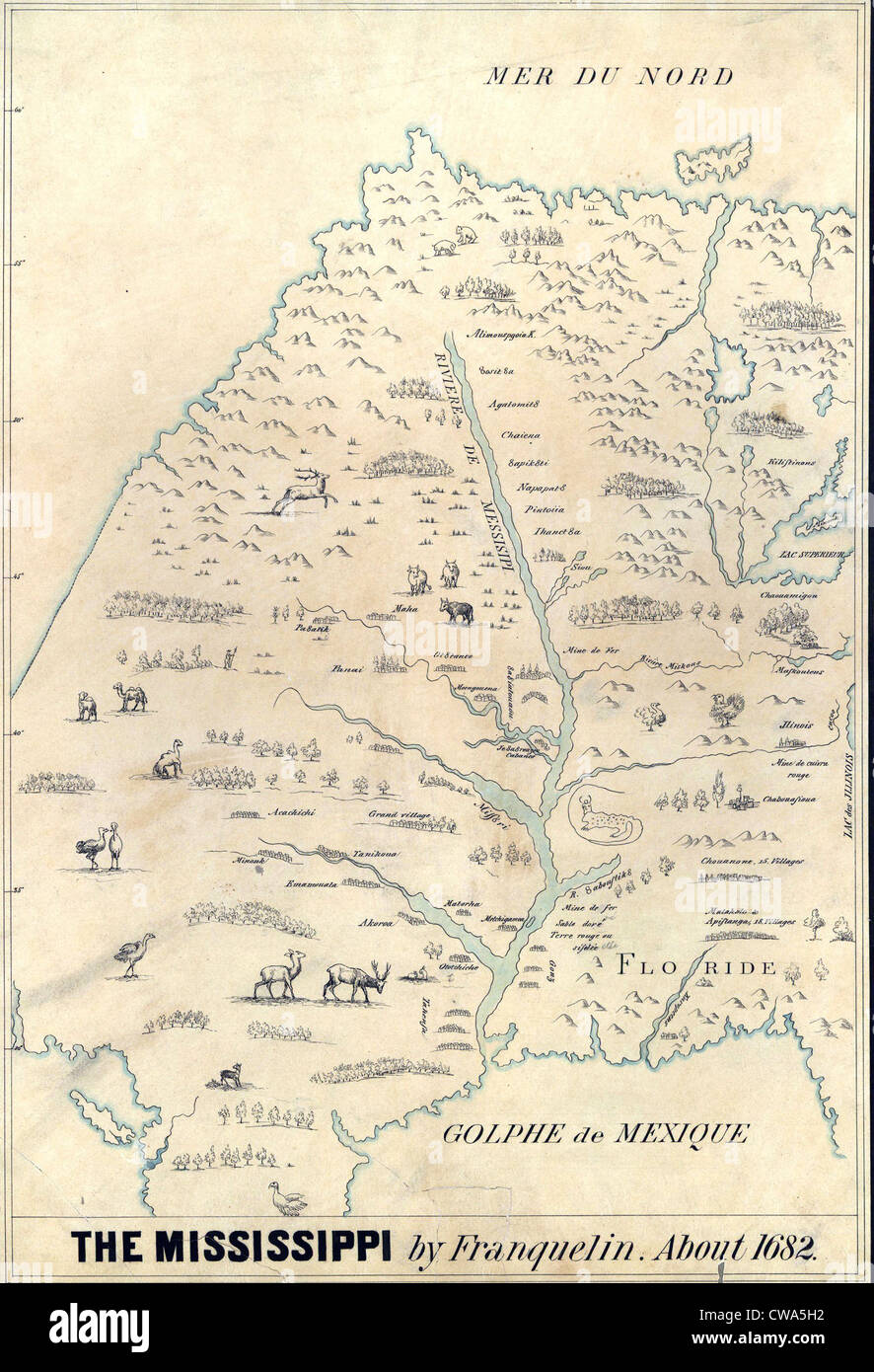 1682 französische Karte des Mississippi River und der Region, mit Standorten von indianischen Siedlungen, Tieren und Nebenflüsse. Stockfoto