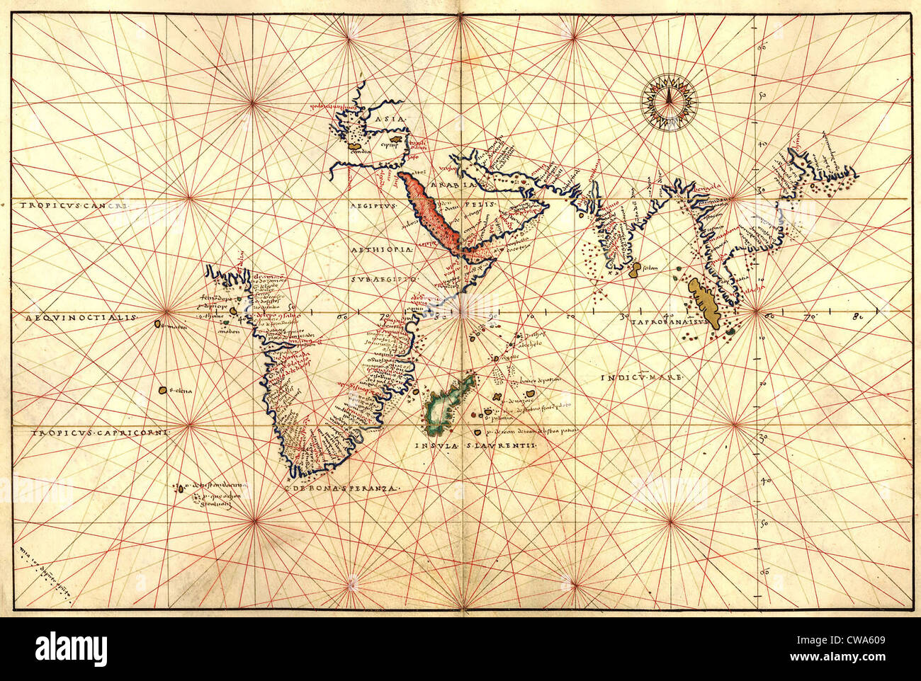 1544 nautische Karte des Indischen Ozeans zeigt Afrika, Südasien, Ostindien, Indien und Australien.  Australien ist Stockfoto