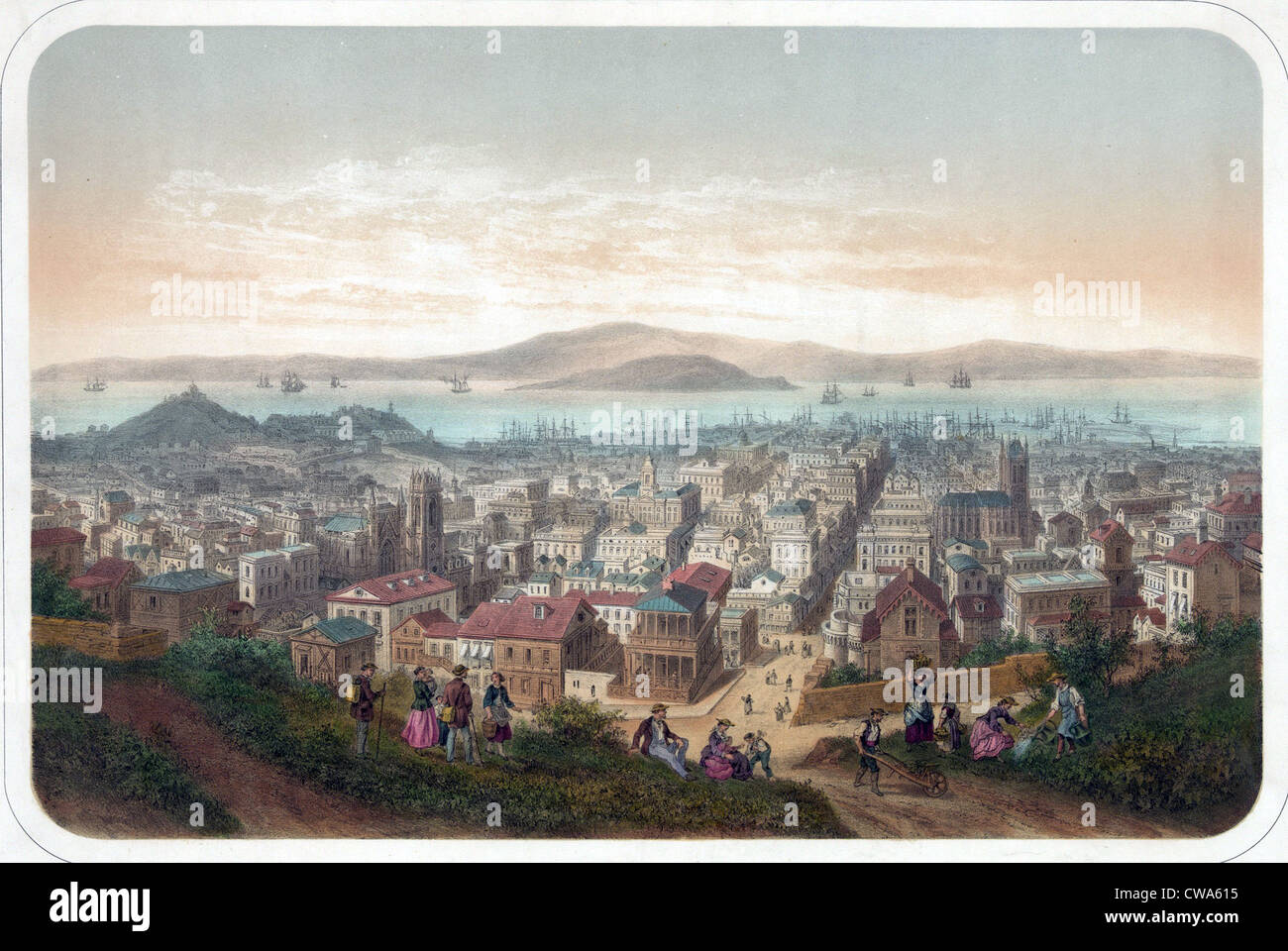 Blick auf San Francisco, mit Menschen im Vordergrund Hill und Schiffe in der Bucht. Ca. 1860. Stockfoto