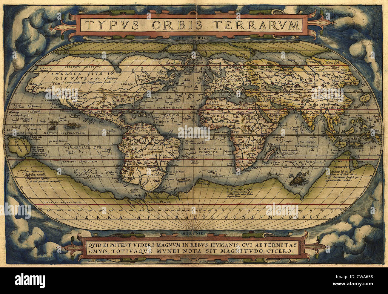 1570-Karte der Welt. Australien ist als ein großer Süden polar Kontinent dargestellt.  Von Abraham Ortelius Atlas "Theatrvm Orbis Stockfoto