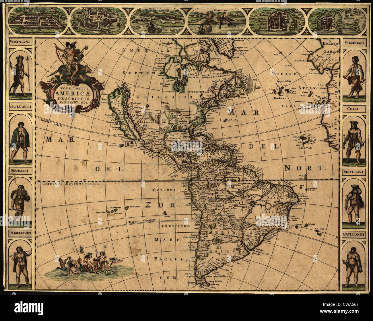 1660 Karte der westlichen Hemisphäre, unter Angabe der geographischen Kenntnisse und europäische Siedlung. California erscheint als eine Stockfoto