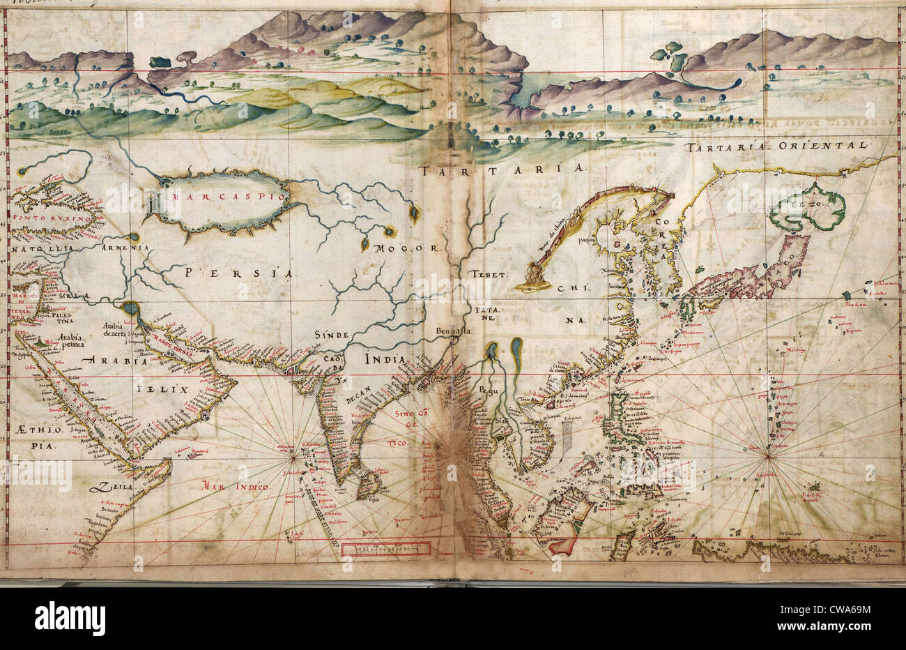 1630 Karten Portugiesisch, zeigt Details der asiatischen Küstenforts und Städte, von einem Jahrhundert von den portugiesischen Entdeckungen gesammelt Stockfoto