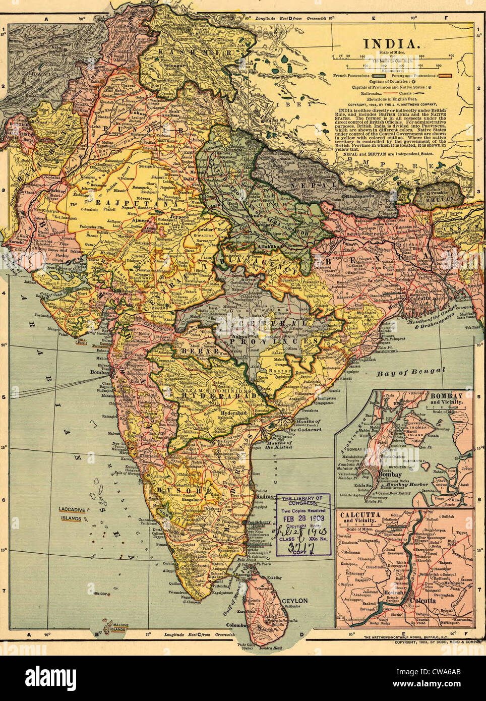 1902-Landkarte von Indien, dann eine Kolonie innerhalb des britischen Empire, zeigen interne Grenzen. Stockfoto