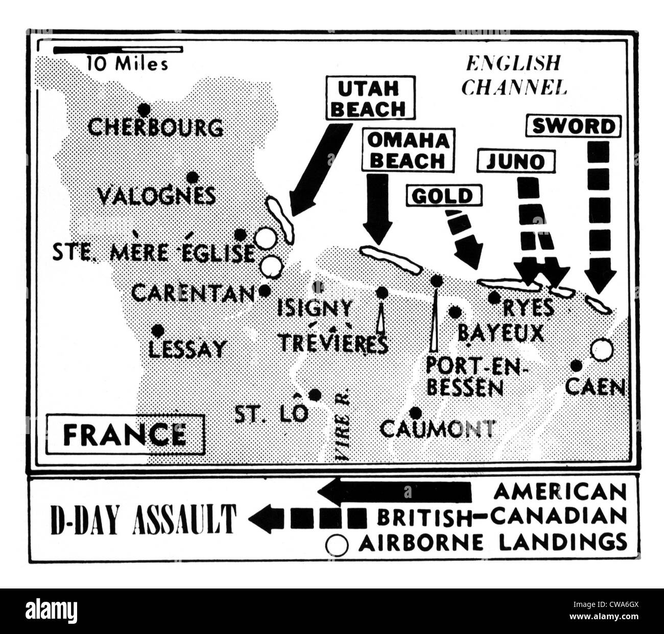 D-Day, Karte Detaillierung Alliierten Invasion in der Normandie, Frankreich, 1944. Höflichkeit: CSU Archive / Everett Collection Stockfoto