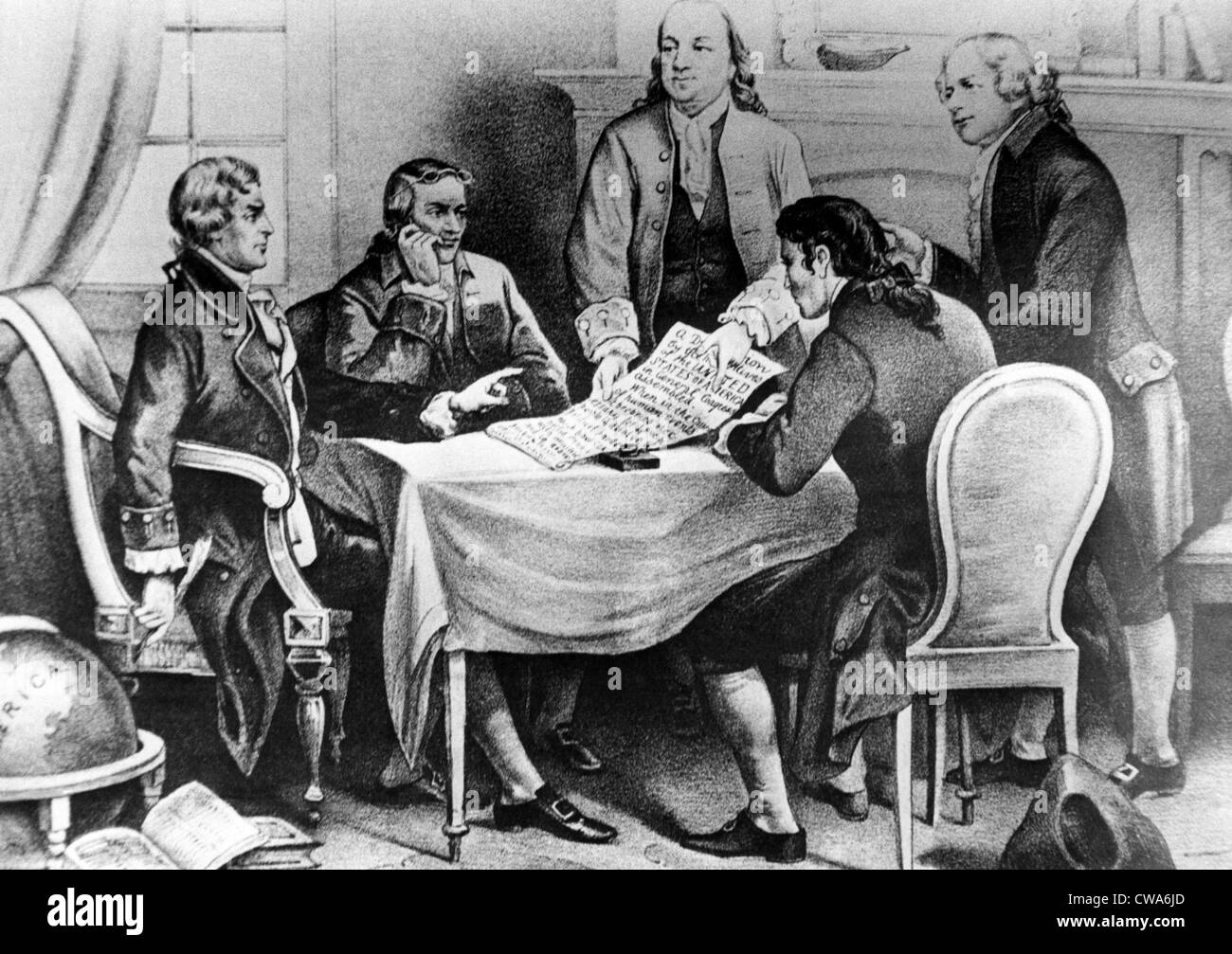Die Erklärung der Unabhängigkeit-Ausschuß. Roger Sherman, Benjamin Franklin, Robert Livingston, Thomas Jefferson und John Stockfoto