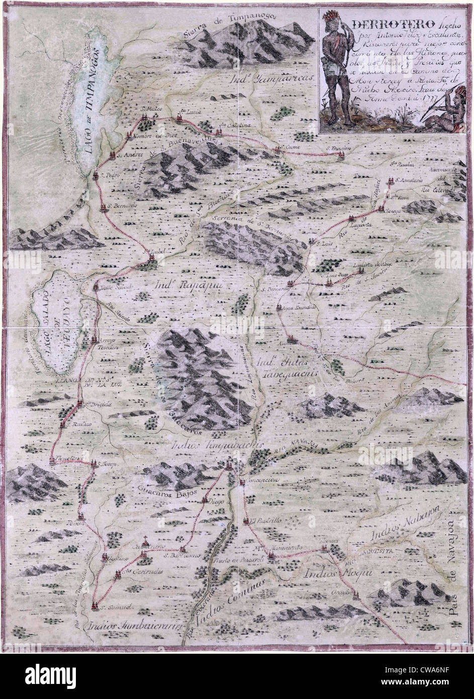 1777-Karte, die Teile von Colorado, Utah, Arizona und New Mexico, zeigt spanische Missionen, Indian Pueblos, Flüsse abdeckt und Stockfoto