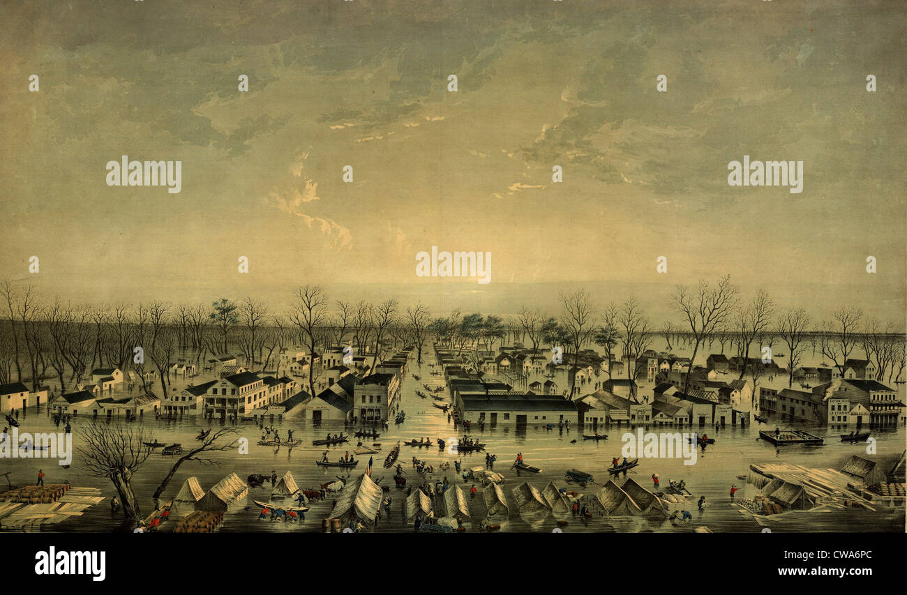 Anzeigen von Sacramento City, wie es während der großen Flut im Januar 1850 erschienen Stockfoto