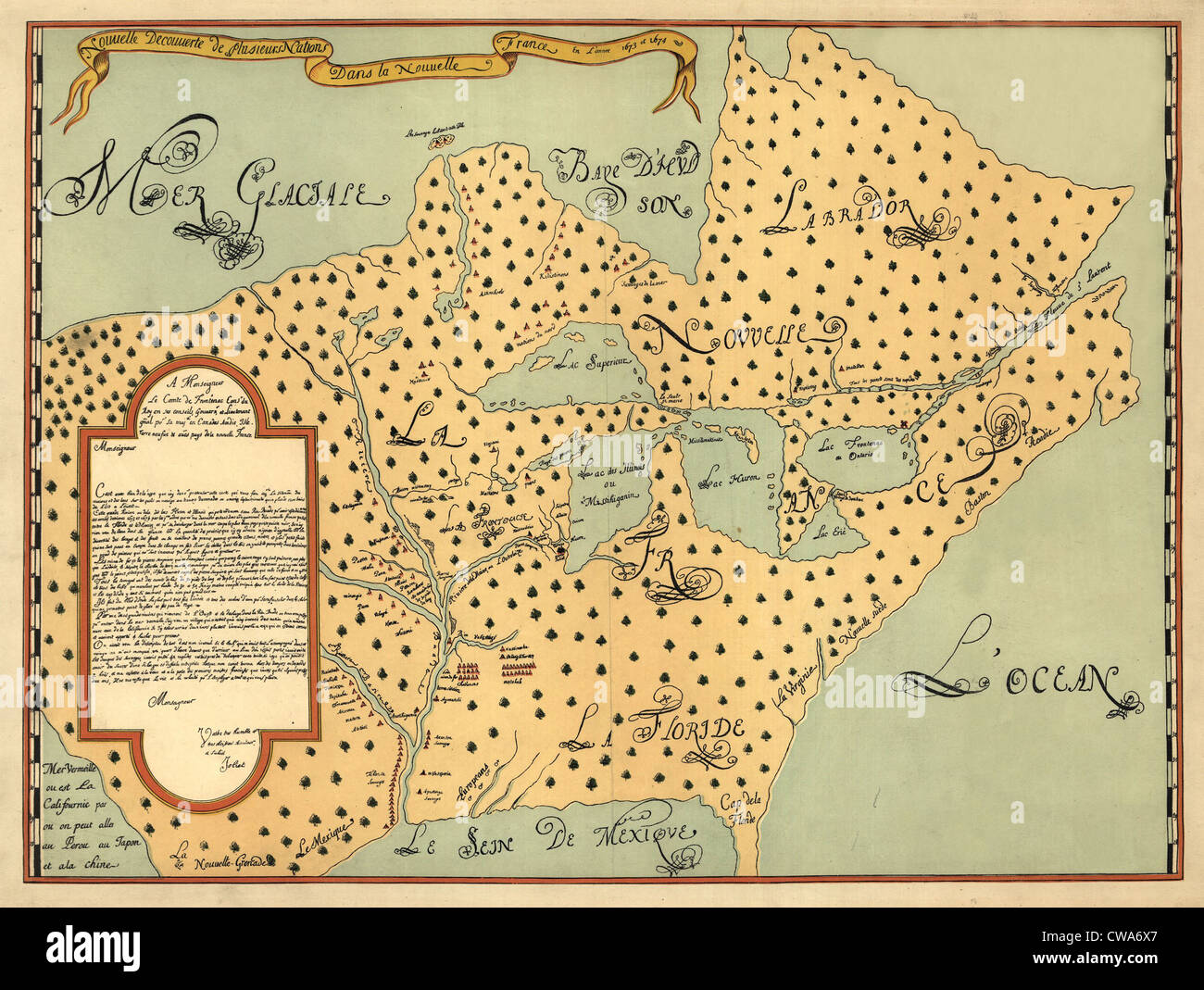 1674-Karte von Nordamerika von Louis Joliet zeigen die neuen Entdeckungen von Frankreich und anderen europäischen Ländern.  Karte enthält Native Stockfoto