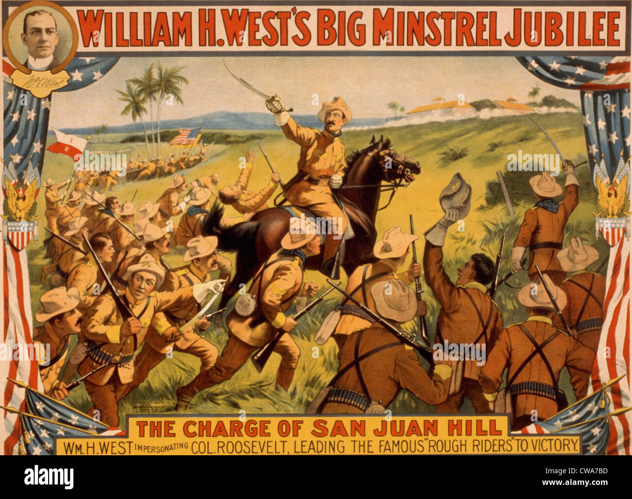 Theodore Roosevelt wurde zum Nationalhelden nach dem Spanisch-Amerikanischen Krieg.  Dieses 1899 Poster wirbt eine theatralische Stockfoto