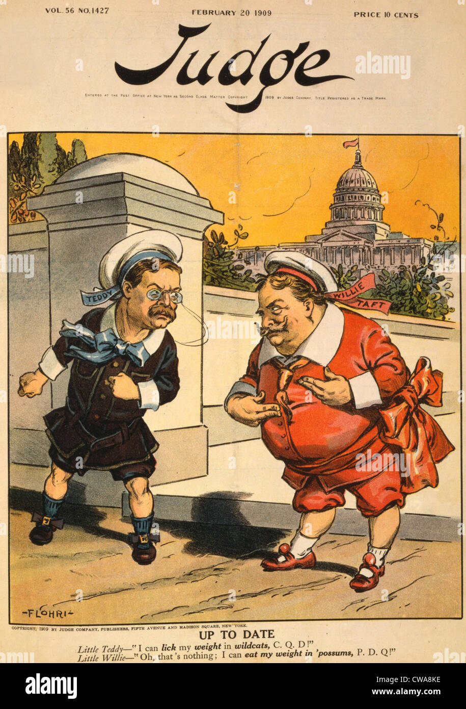 Cartoon zeigt Präsidenten William Taft (1857-1930) schon sparsam mit seinem Vorgänger, Theodore Roosevelt (1858-1919). Stockfoto