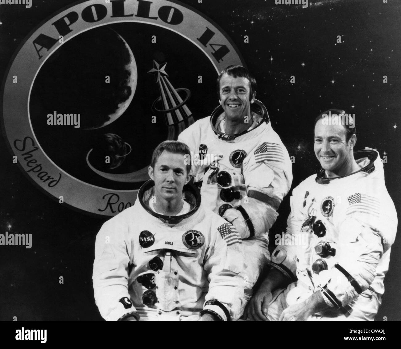 Die Besatzung von Apollo 14, L-r: Stuart Roosa, Alan Shepard, Edgar Mitchell, 1971... Höflichkeit: CSU Archive / Everett Collection Stockfoto