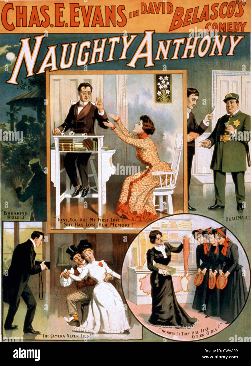 Theatralische Plakat Werbung für ein David Belasco, (1853-1931) Produktion, "Naughty Anthony." Stockfoto