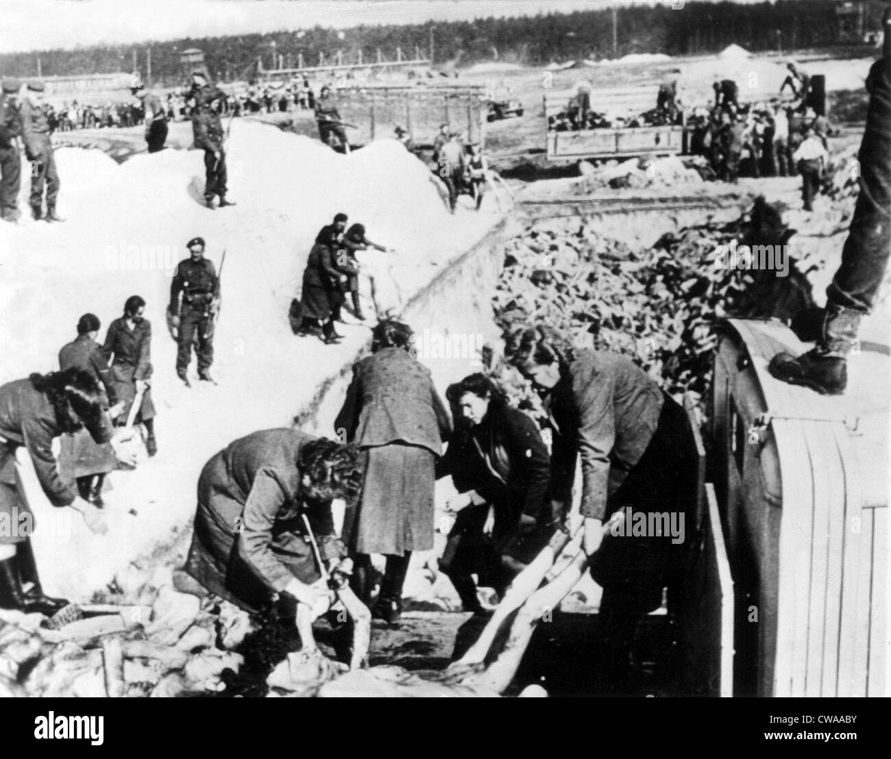 28.04.45: im Konzentrationslager Bergen-Belsen, Deutschland, SS Frauen entfernen Leichen der Opfer unter britische 2. Armee Soldaten Stockfoto
