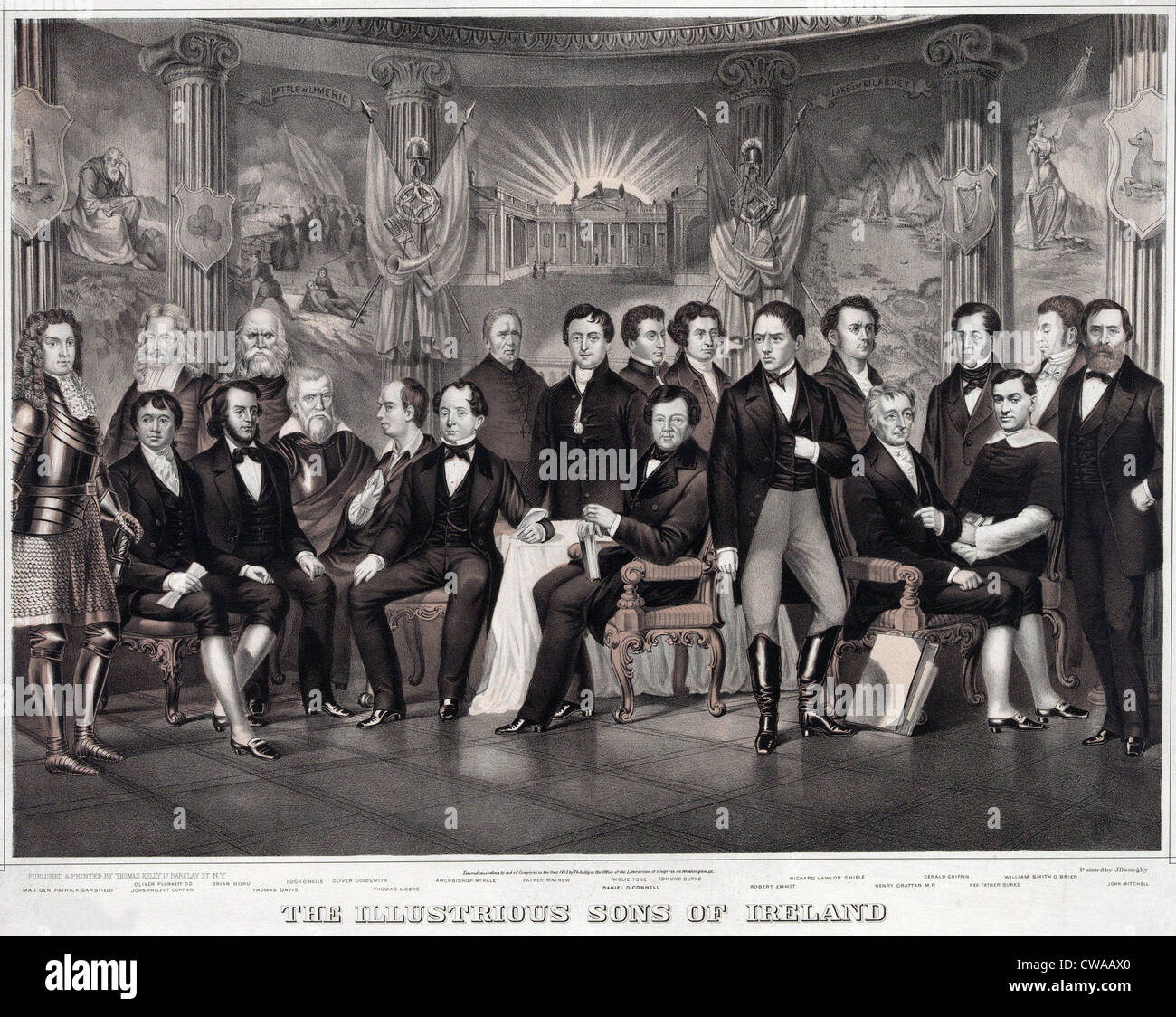 Patriotische irisch-amerikanischen Druck (ca. 1875) von einer Versammlung von "berühmter" Männer der Vergangenheit und Gegenwart, von Irland, identifiziert jedes Stockfoto