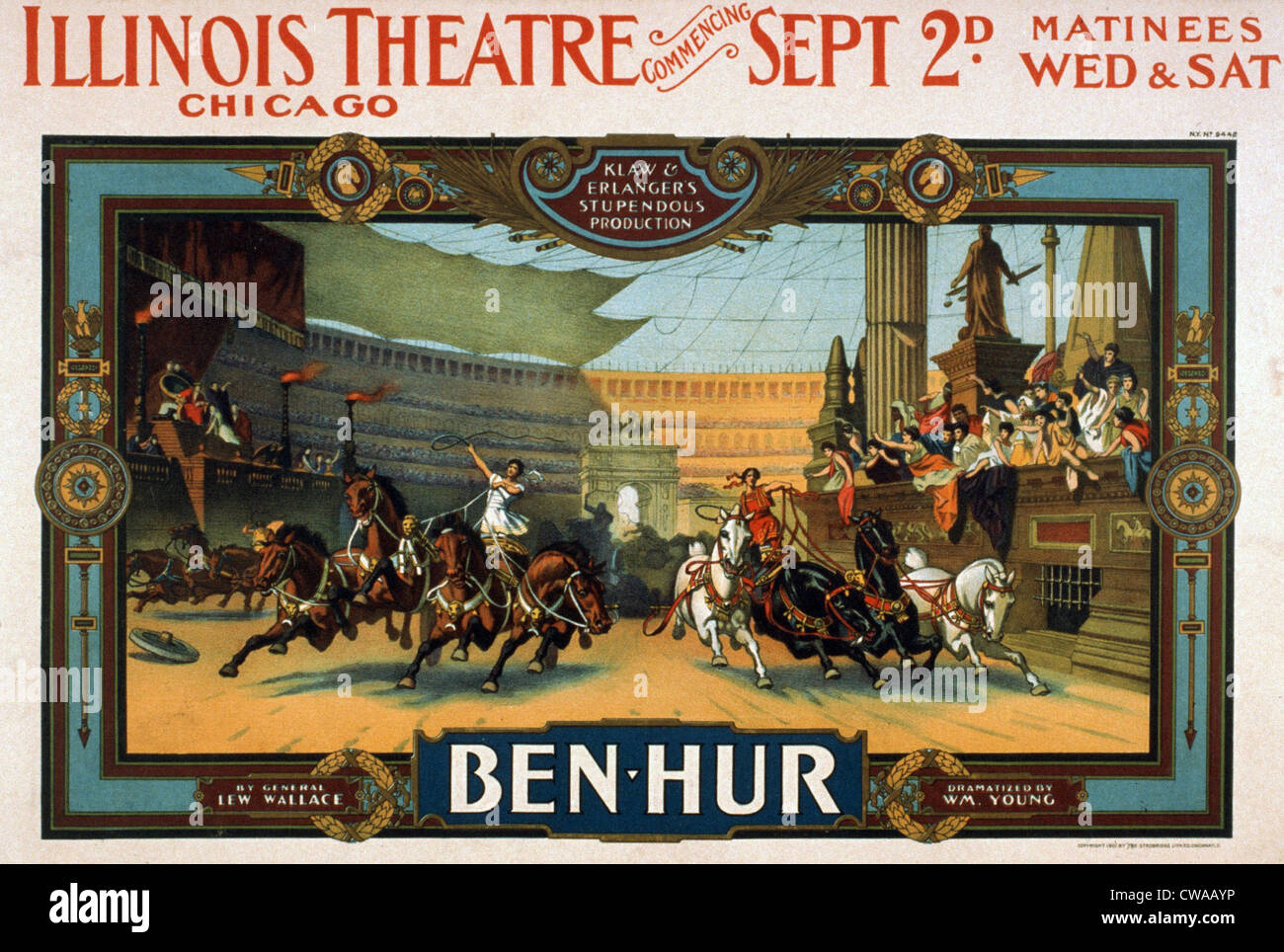 Plakatwerbung, die eine Theaterproduktion von Lew Wallace (1827-1905), historische Klassiker, "Ben Hur", das später gemacht wurde Stockfoto
