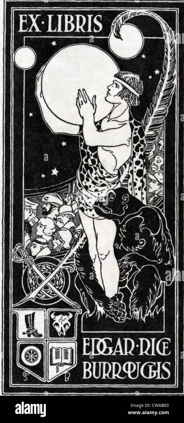 Edgar Rice Burroughs Jugendstil Exlibris zeigt Tarzan hält den Planeten Mars, umgeben von anderen Zeichen von Stockfoto