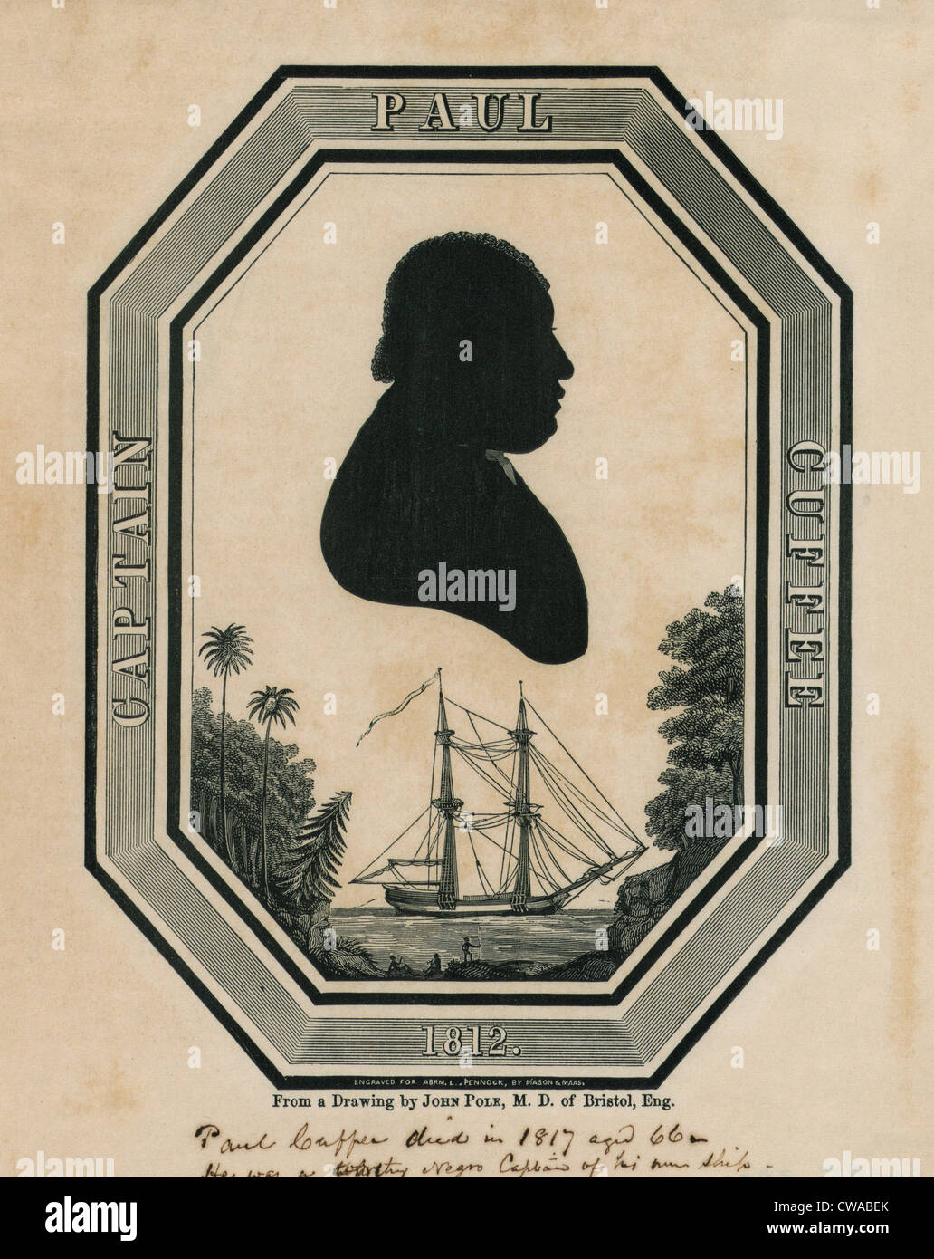 Paul Cuffe (1759-1817), silhouette Portrait von der freien schwarz, wohlhabende Kapitän zur See. Cuffe unterstützt andere freie Afroamerikaner Stockfoto