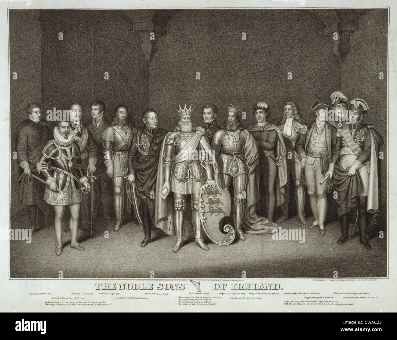 Patriotische irisch-amerikanischen Print (ca.1875) der Könige und der politischen Führer von Irland, identifiziert jeweils unterhalb der Illustration. Stockfoto