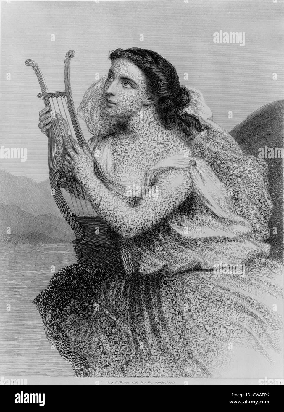 Antike griechische Dichter Sappho (610-570 v. Chr.) dargestellt halten Leier. 19. Jahrhundert-Gravur. Stockfoto