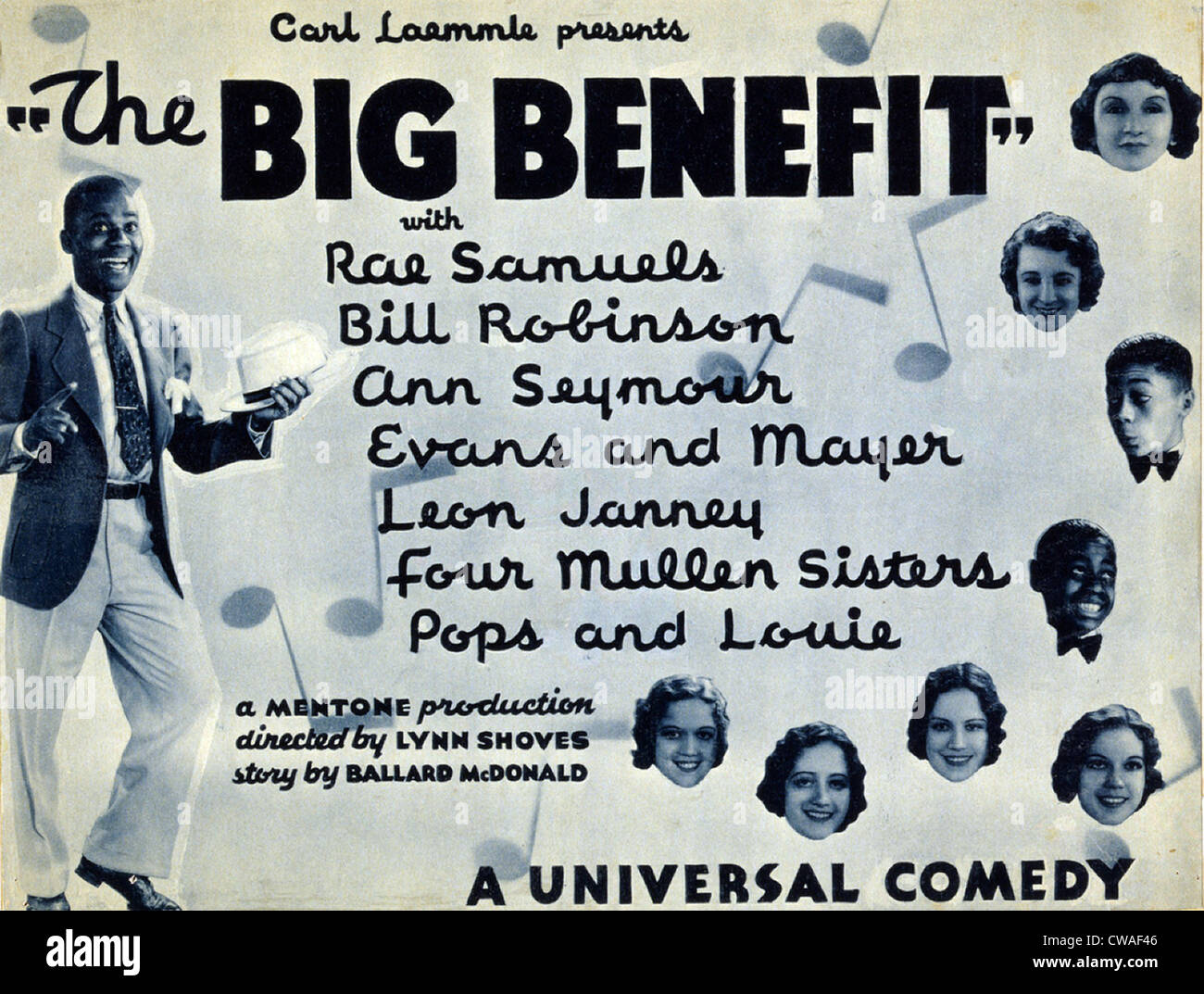 Lobby-Karte für "The Big Benefit" zeigt Bill "Bojangles" Robinson tanzen und die Gesichter anderer Stars, darunter Rae Samuels, Ann Stockfoto