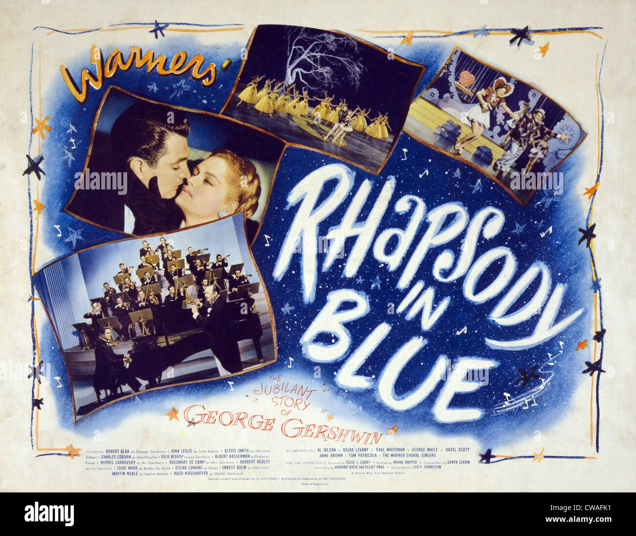 RHAPSODY IN BLUE Motion Picture Plakat zeigt Robert Alda, Joan Leslie, Paul Whiteman und sein Orchester und andere in Szenen Stockfoto