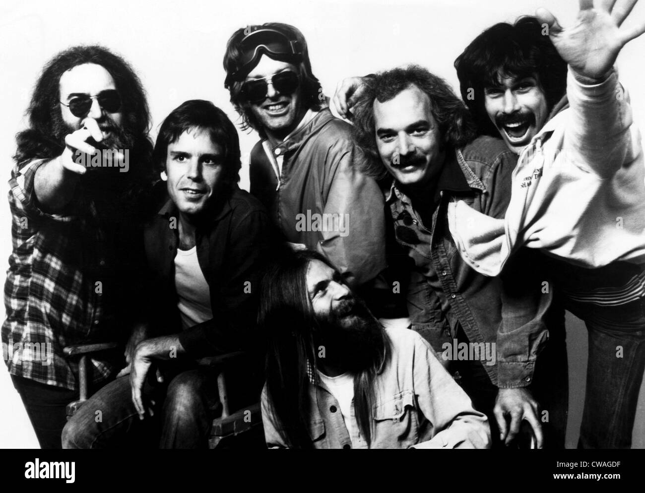 Die Grateful Dead: Jerry Garcia, Bob Weir, Phill Lesh, Brent Myland, Bill Kreutzmann, Mickey Hart, ca.early von 1980.  Höflichkeit Stockfoto