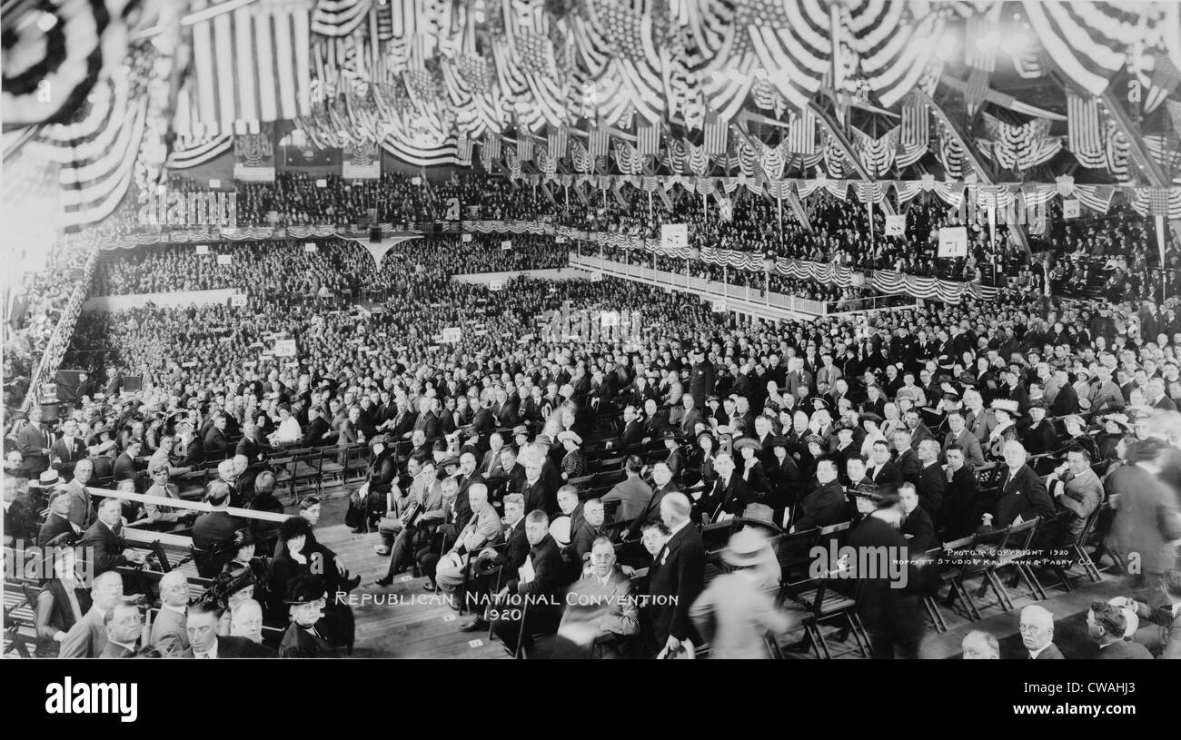 1920 nominiert Republikaner Warren Harding.  Weitblick der Kongressteilnehmer auf Chicago Convention. Stockfoto