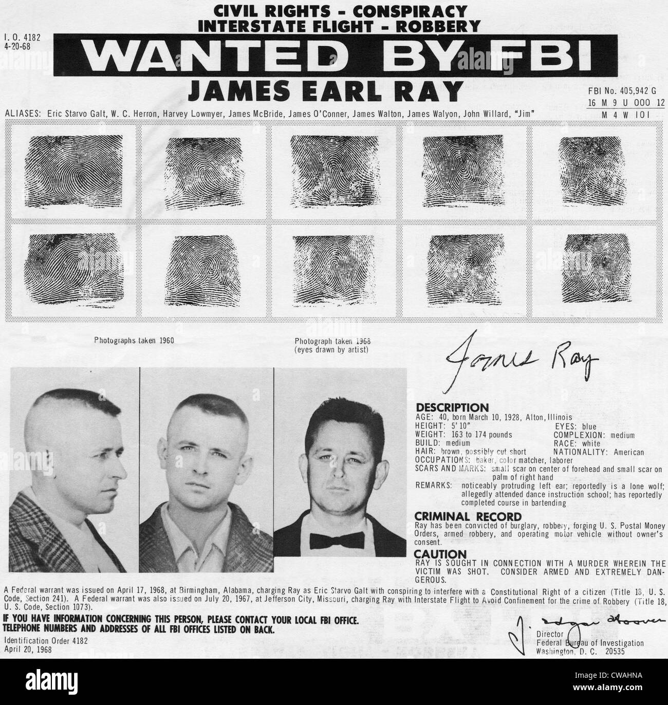 Das FBI wollte Plakat für James Earl Ray, Mörder von Dr. Martin Luther King Jr., ca. 1968. Höflichkeit: CSU Archive/Everett Stockfoto