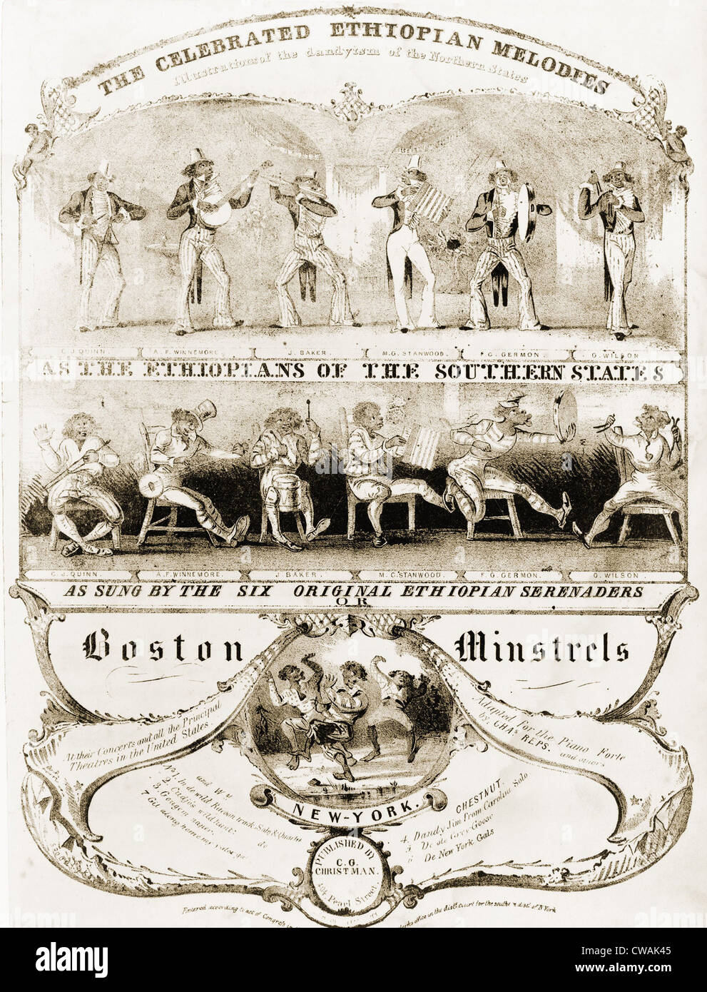 Noten-Abdeckung mit Karikaturen von sechs Spielleute in zwei Szenen illustriert. Weißweine mit mehr Aussagekraft durchgeführt Stockfoto