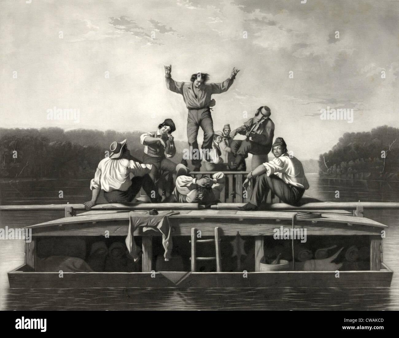 Männer auf Flachboot im Fluss, Musikinstrumente spielen, entspannen und tanzen.  Schabkunst nach Gemälde von George Caleb Stockfoto