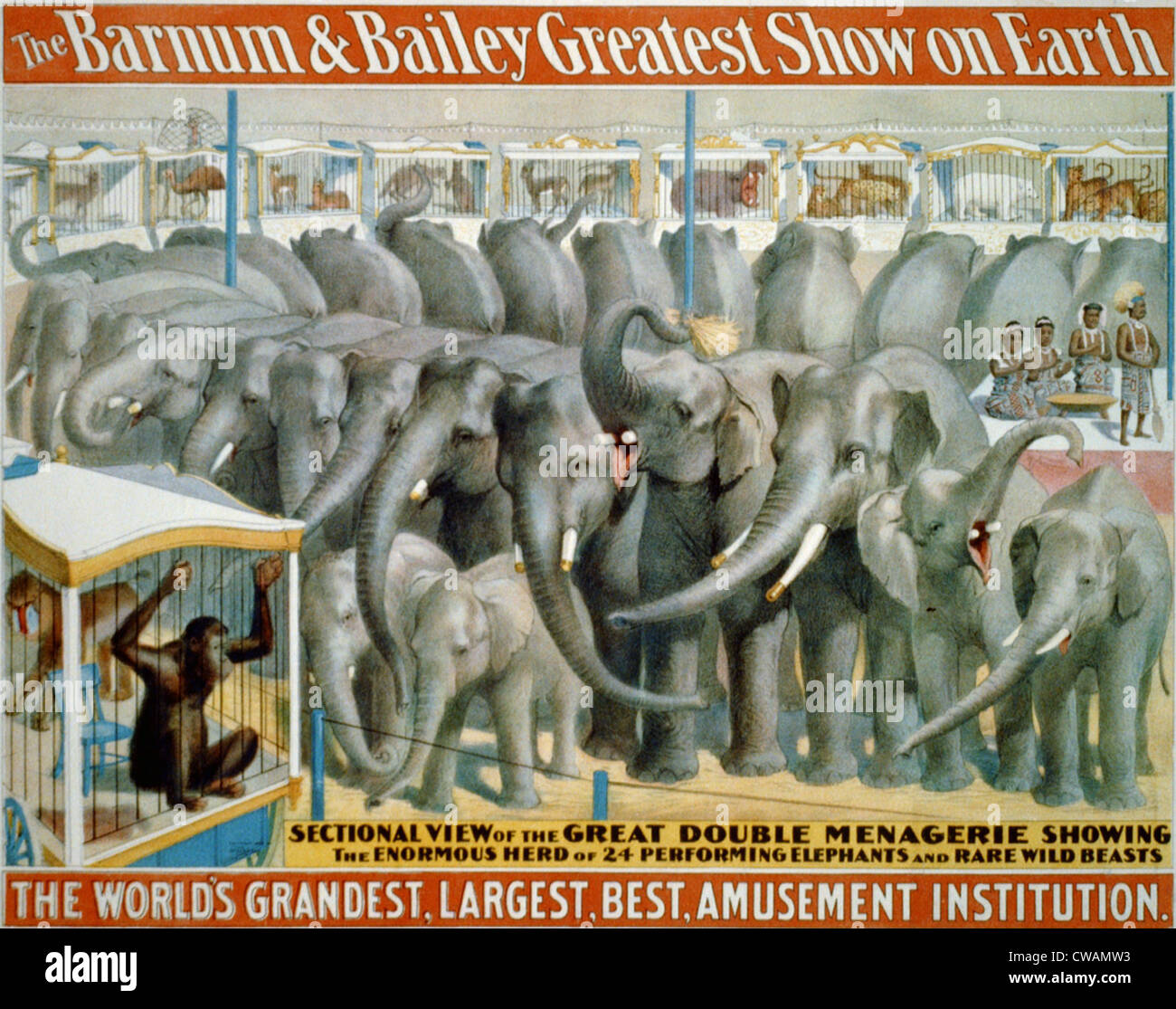 Plakat für Barnum und Bailey Zirkus zeigt darstellende Elefanten und Tiere in Käfigen. Stockfoto