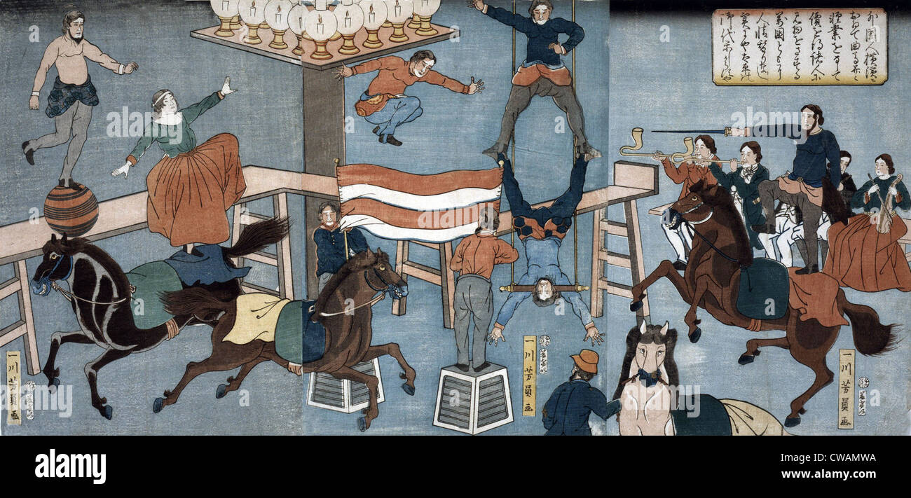 Japanischer Holzschnitt von Yoshikazu Utagawa (FL. 1848-1863), zeigt einen ausländischen Zirkus Durchführung in Yokohama, Japan. 1864. Stockfoto