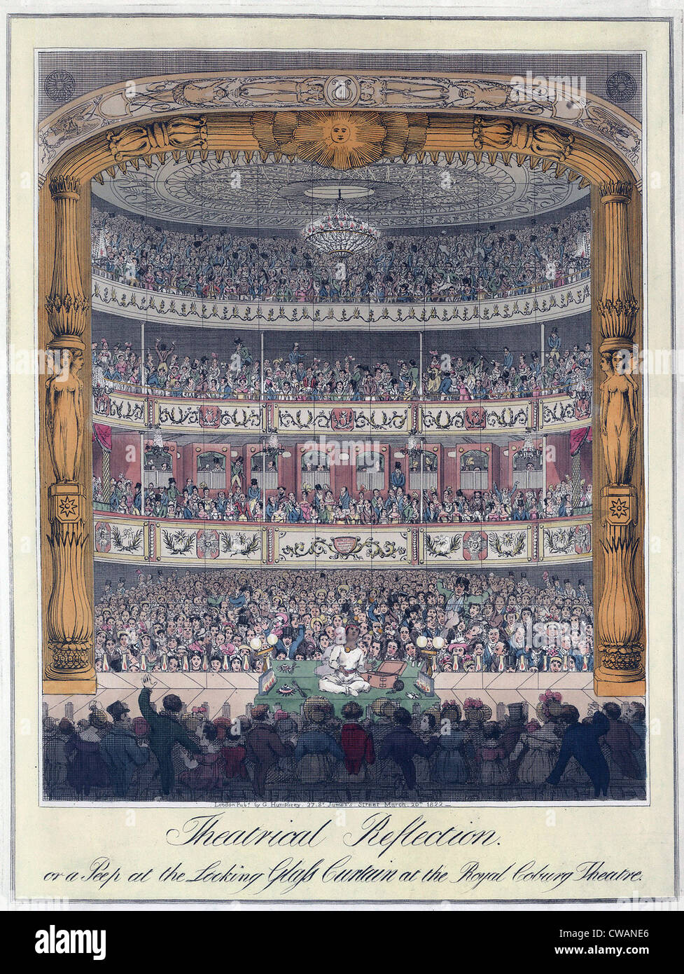 Die Royal Landestheater und das Publikum im Jahre 1822.  Das Theater wurde umbenannt "Royal Victoria" im Jahre 1833, aber hieß "Old Vic," und Stockfoto