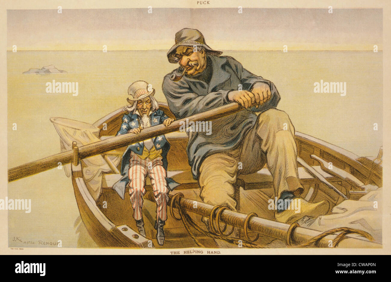 1911-Cartoon zeigt J.P. Morgan als wohltätig und patriotischen Geldgeber.  Morgan diente als Zentralbank des Landes, Stockfoto