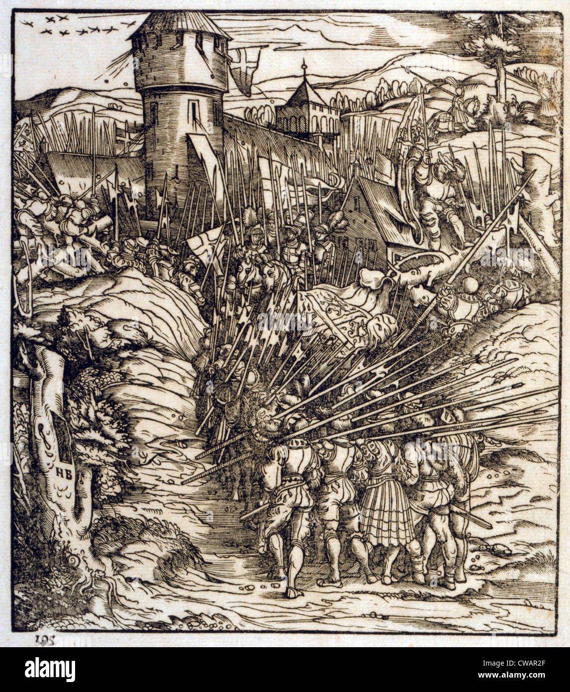 Schlacht des frühen 16. Jahrhunderts zeigt Truppen auf eine Festung.  Es zeigt möglicherweise einen Überraschungsangriff auf Maastricht Stockfoto