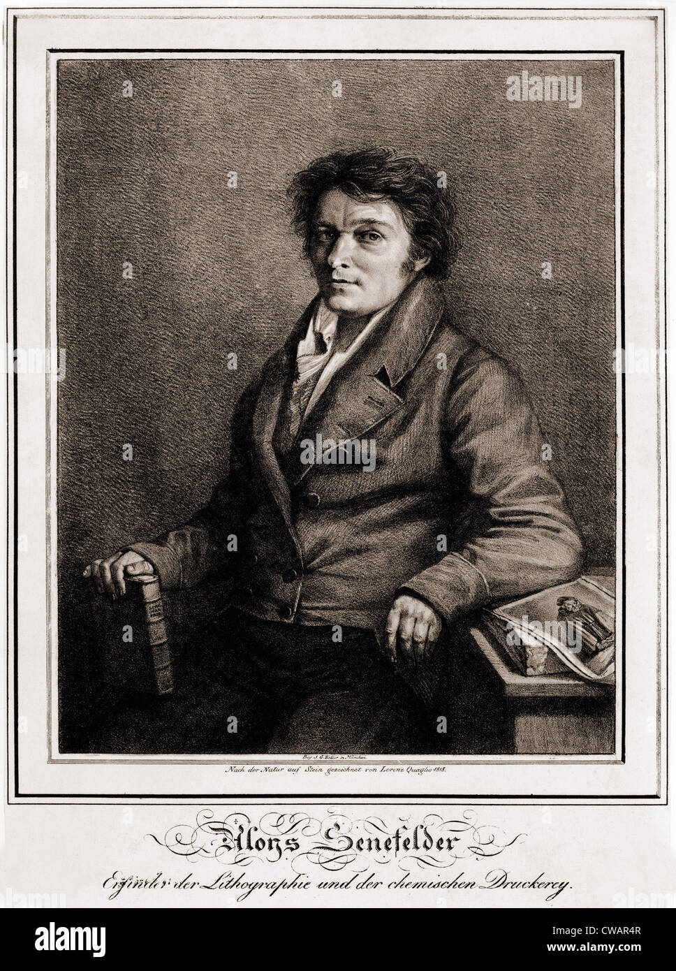 Aloys Senefelder (1771-1834), im lithographischen Portrait aus seinem Buch, A komplette Kurs der Lithographie, 1818.  In 1796 er Stockfoto