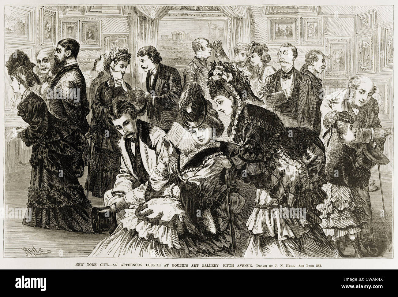 Goupil Kunstgalerie, Fifth Avenue, New York City voller Menschen im Jahr 1872.  Holzstich von Frank Leslie ist illustriert Stockfoto