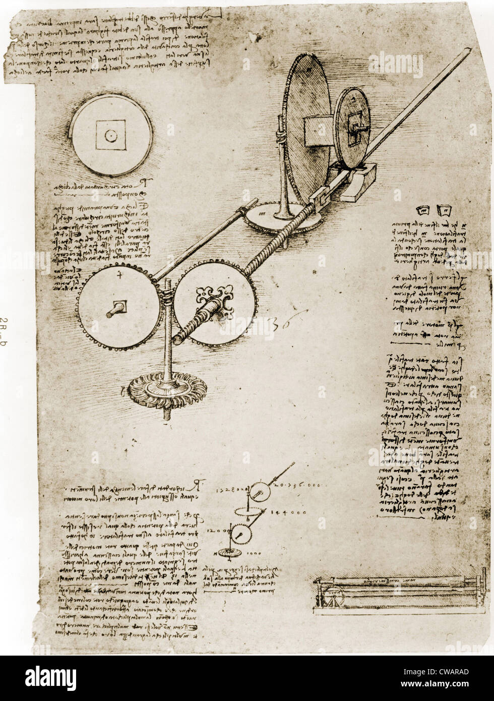 Seite von die Notizbücher von Leonardo da Vinci (1452-1519) zeigt ausgerichtet Gerät montiert.  Ca. 1500. Stockfoto