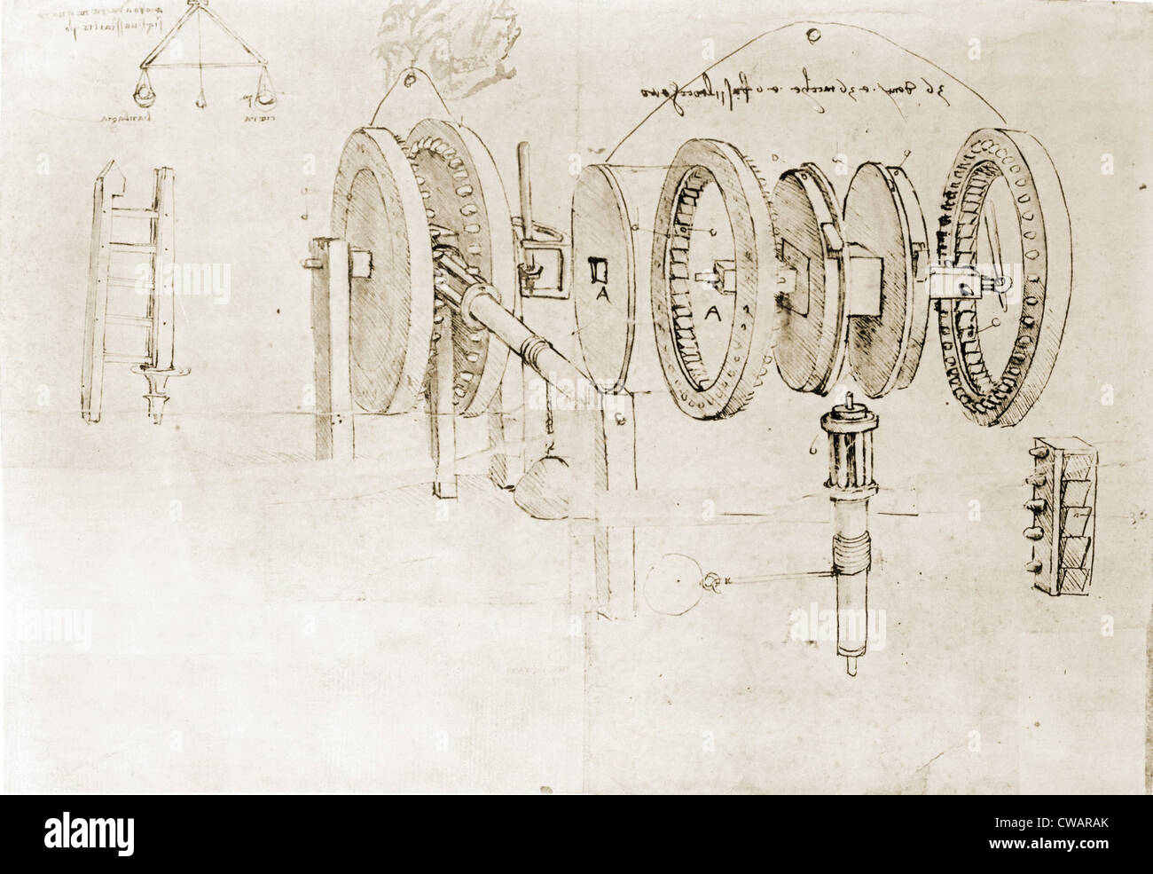Seite von die Notizbücher von Leonardo da Vinci (1452-1519) zeigt ein Getriebemotor Gerät demontiert.  Ca. 1500. Stockfoto