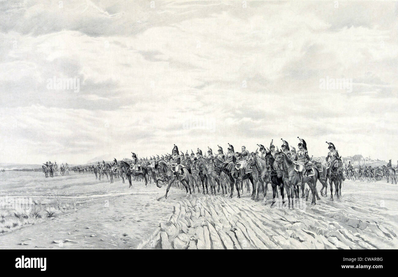 1805 NAPOLEON bei AUSTERLITZ, 1908 von Ernest Meissonier (1815-1891). Eine lange Reihe von französischen Kavallerie mit Artillerie hinter verschieben Stockfoto