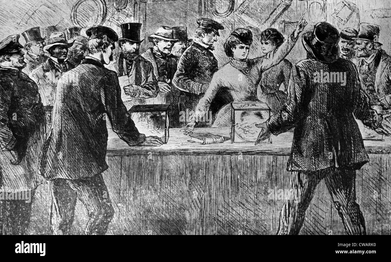 Victoria Woodhull (rechts von der Mitte), behauptet ihr Wahlrecht, 1871. Höflichkeit: CSU Archive/Everett Collection Stockfoto