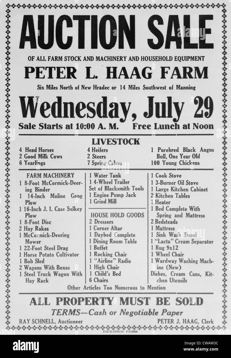 Auktion Verkauf Ankündigung der Farm und Haushalt Vermögenswerte von North Dakota Bauer im Jahr 1936. Bauernfamilien Krise Insolvenz verursacht Stockfoto
