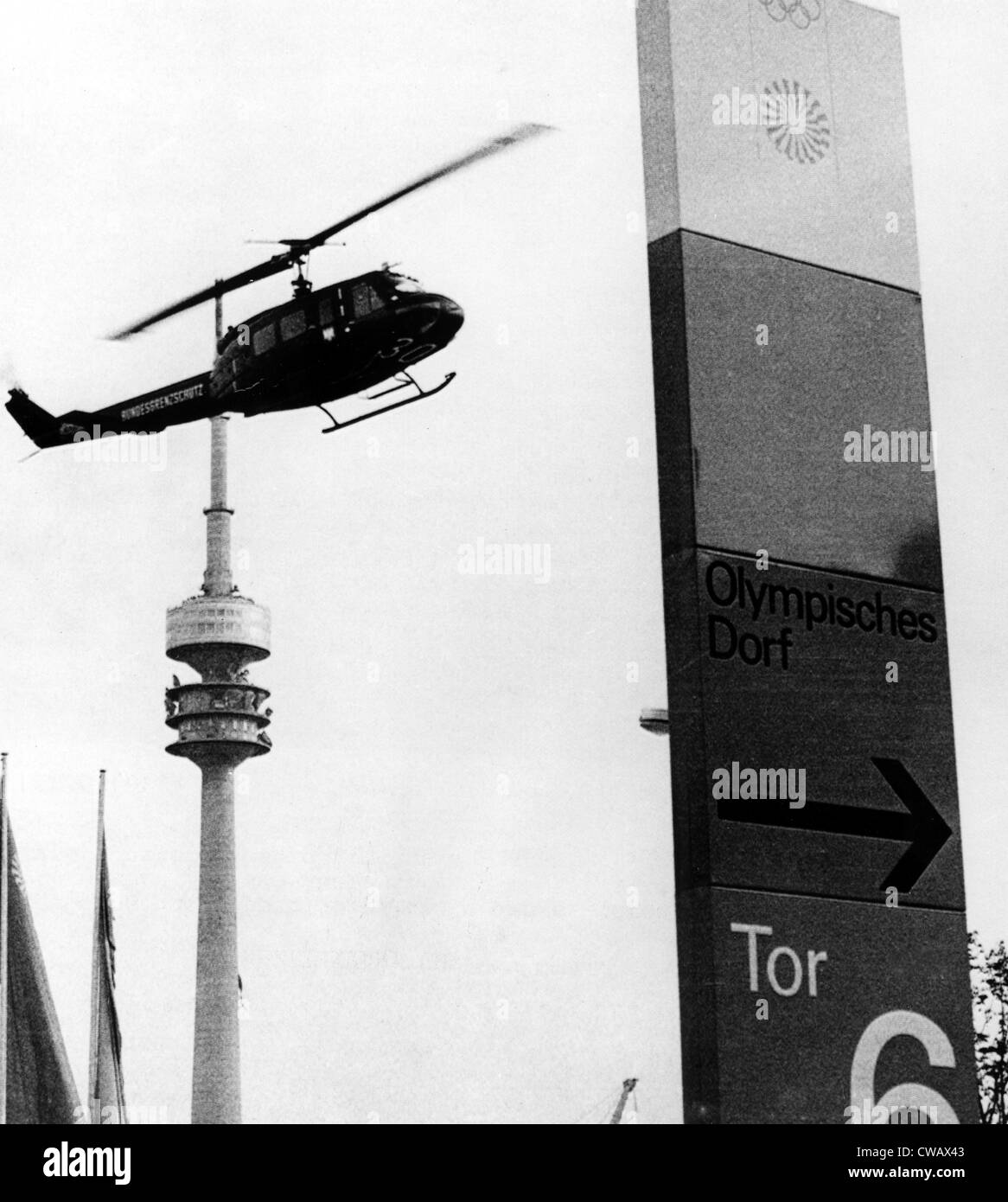 Olympiade 1972, Hubschrauber, ähnlich wie eine verwendet, um arabische Terroristen und israelischen Geiseln zum Flughafen München zu tragen, Stockfoto